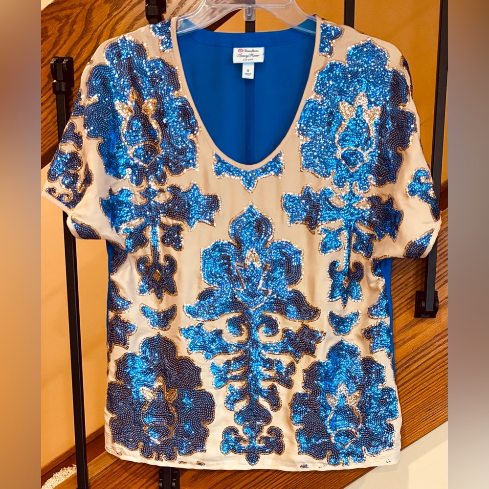 Neiman Marcus Tracy Reese Sequin Blouse Short Sleeve Beige Blue SZ. Small